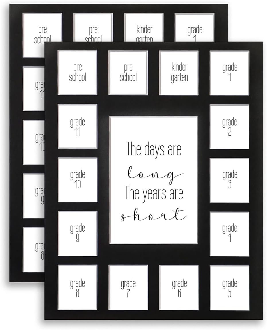 11X14 Bulk 2 School Days Picture Mat with Multiple Openings–Years Photo Collage – Days are Long Picture Mat – No Frame - 2 Pre-School & Kindergarten to 12th Grade (15 Photos, 2PreK-12th, Black)