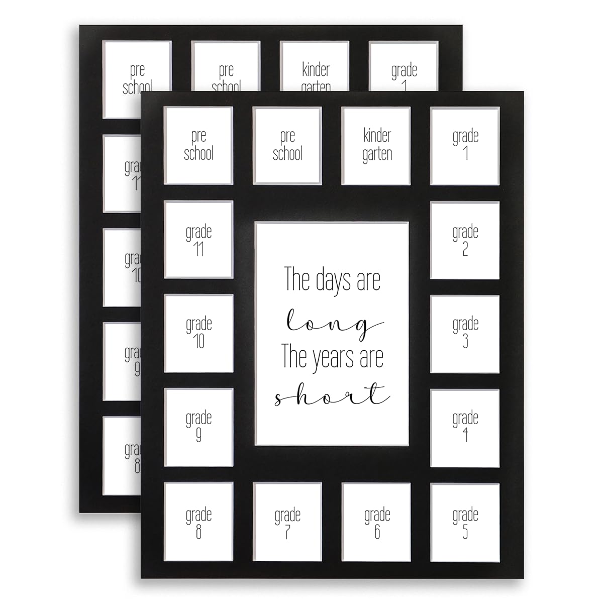 11X14 Bulk 2 School Days Picture Mat with Multiple Openings–Years Photo Collage – Days are Long Picture Mat – No Frame - 2 Pre-School &amp; Kindergarten to 12th Grade (15 Photos, 2PreK-12th, Black)