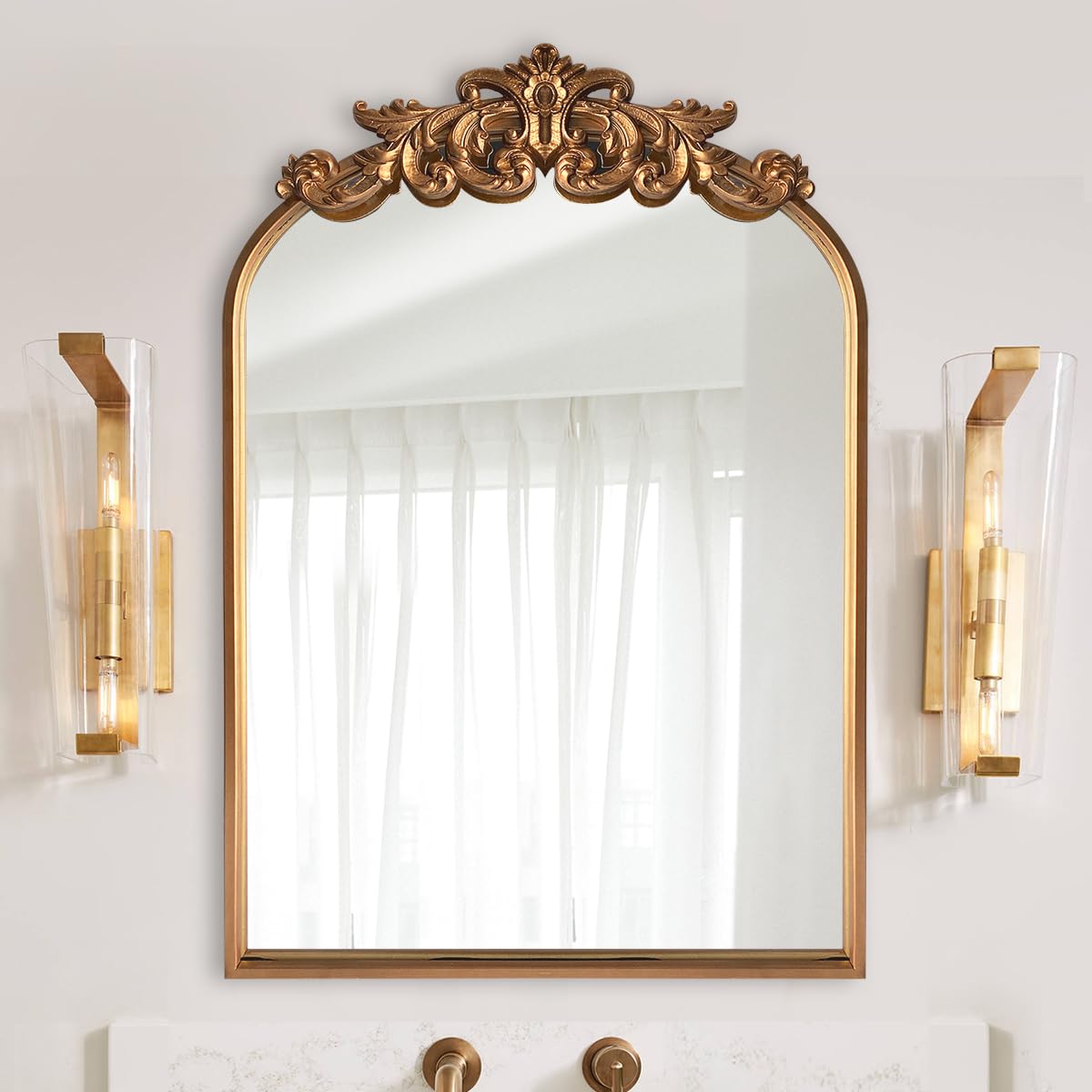 WAMIRRO Ornate Gold Mirror,Vintage Arched Mirror,Baroque Antique Mirorr for Living Room Hallway Fireplace Bathroom Entryway