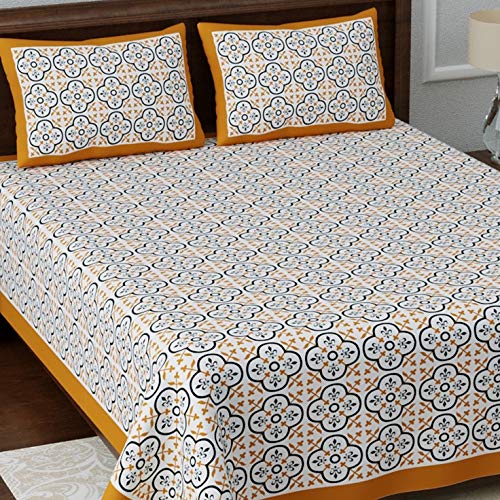 Image of LIVING ROOTS Jaipuri Hand Block Print King Cotton Bedsheet 86 * 104 inches (7 * 8.5 feet) with 2 Pillow Cover | 210 TC | Rich Fast Colour with No Colour Bleeding | (034-C)