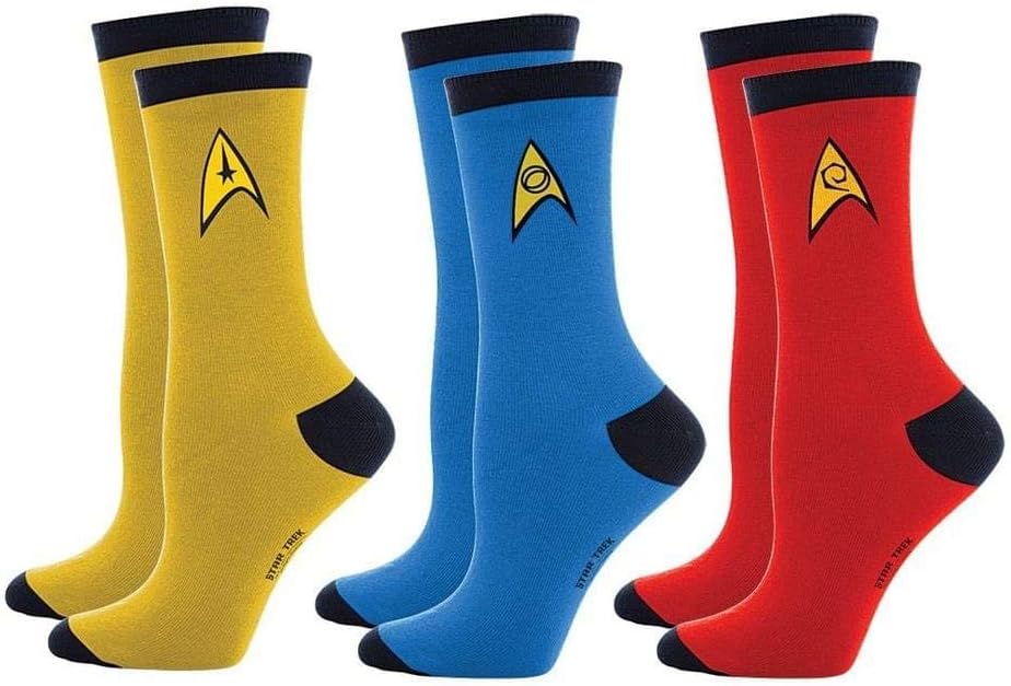 Star Trek Uniform Socks -- Command - Science - Engineering -- Set Of 3 Pairs, Assorted Colors, Men's 9-12