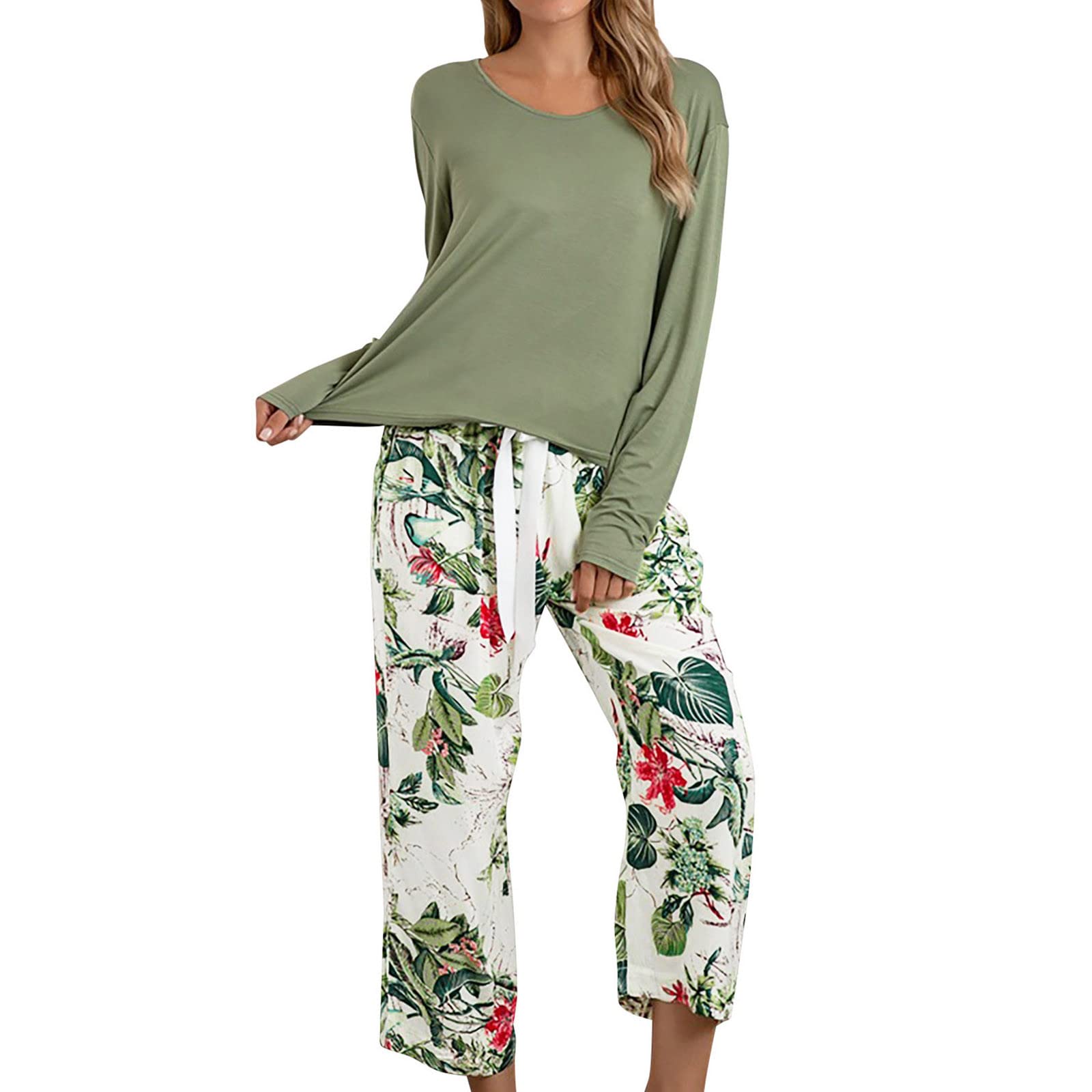 Generisch Pyjama long en coton pour femme - Motif floral - Col rond - Vêtement de nuit pour femme - Doux - Deux pièces - Ensemble de maison chaud pour l'hiver avec cordon de serrage - Vêtement de