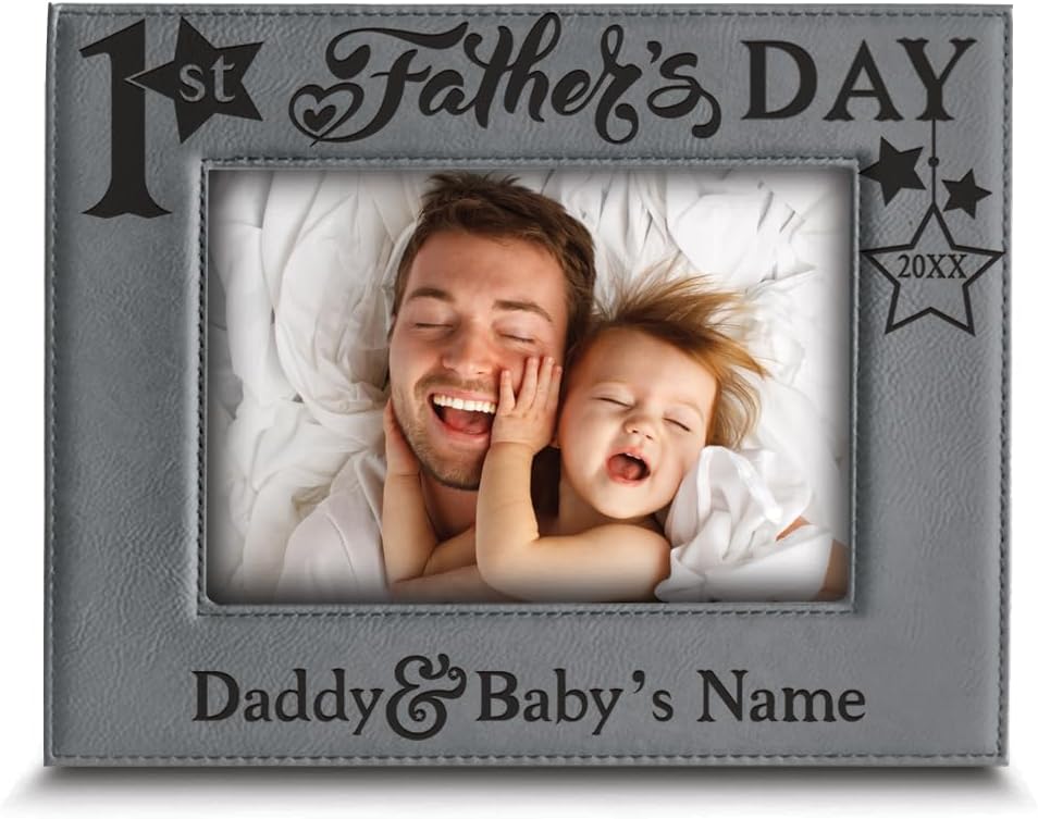 BELLA BUSTA-Personalize First Fathers Day -1stTime Dad Picture Frame- Daddy and Me Frame Engraved Leather Picture Frame (5x 7 Vertical)