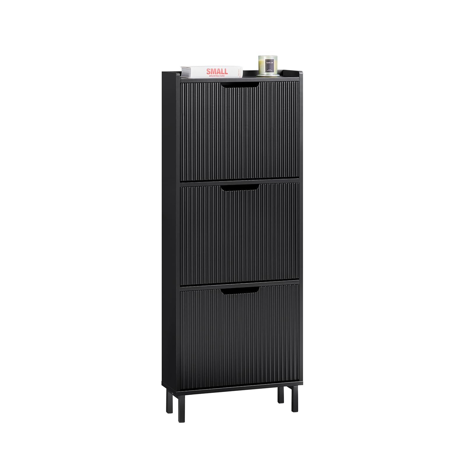 SoBuy Narrow Shoe Rack with 3 Flip Drawers Slim Wooden Shoe Storage Cupboard for Hallway Entrance Foyer or Understairs Black W50 x D19 x H130cm FSR177-H-SCH