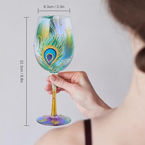 Miniatura 5 de NymphFable Regalos de pavo real, pintada a mano, copa de vino iridiscente de 15 onzas, copas de vino coloridas personalizadas, regalo de cumpleaños