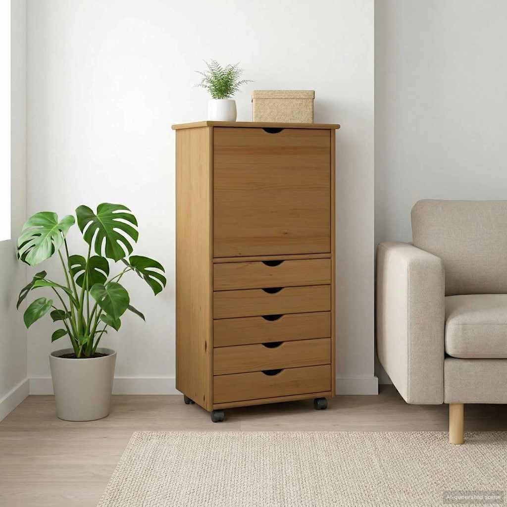 Szafka na kółkach miodowo-brązowa z litego drewna sosnowego, 53 x 39 x 103 cm, z 5 szufladami i 1 regałem, uniwersalna szafka do biura, salonu, korytarza, piwnicy z miejscem do przechowywania