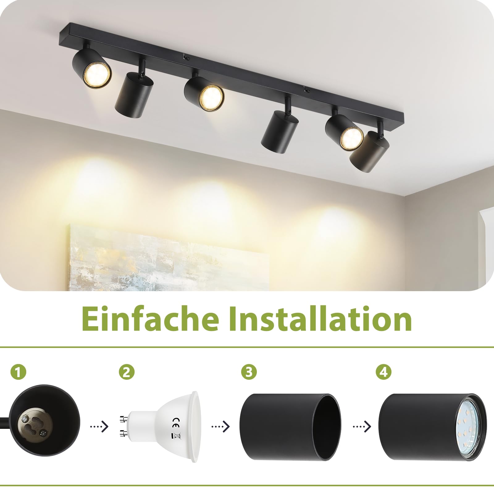Plafonnier LED Spot de Plafond Noir GU10 6 Ampoules Orientable 330° Moderne Industriel