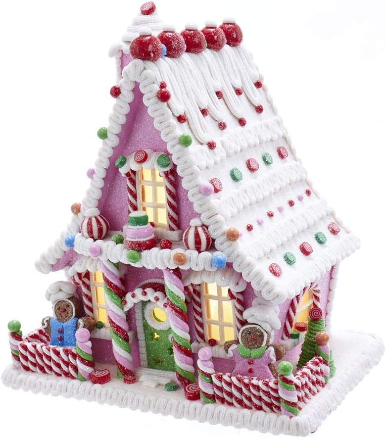 Kurt S. Adler 10-Inch Pink Battery-Operated Candy LED Gingerbread House Table Piece