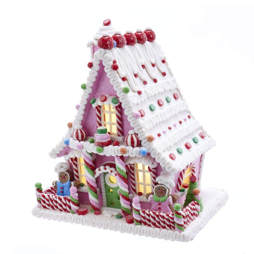 10-Inch Pink Battery-Operated Candy LED Gingerbread House Table Piece