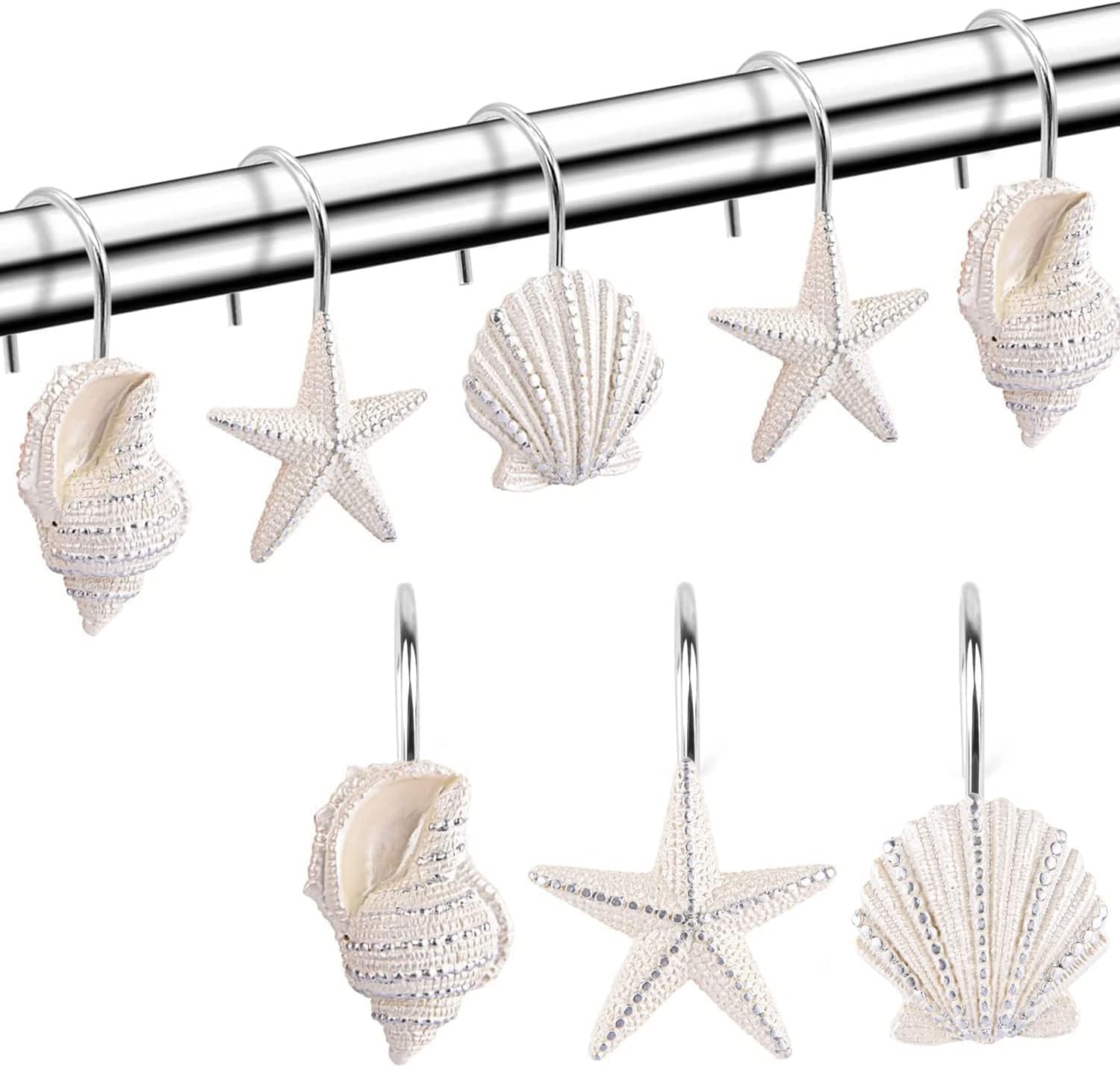 12-Pack Seashell Shower Curtain Hooks – Double Hook Design For Curtain & Liner, Rust-Resistant