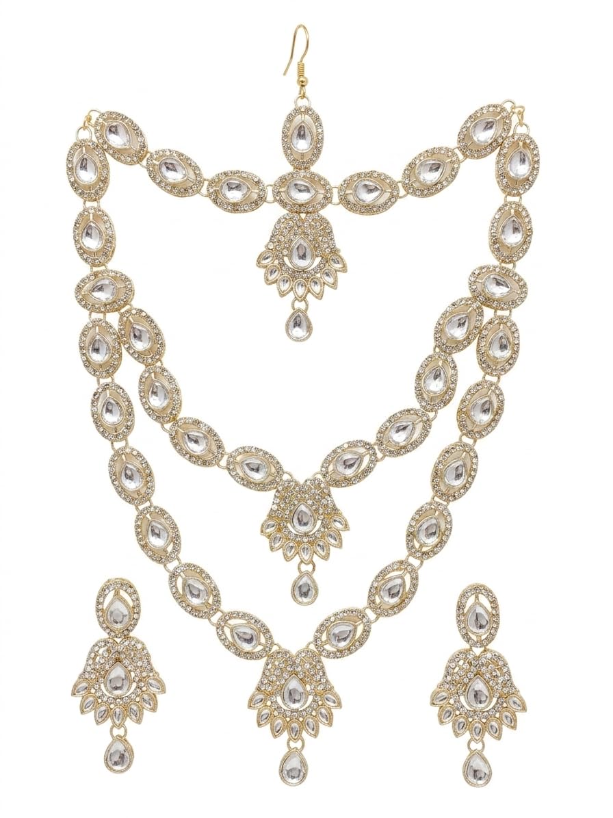 Royal White Kundan Layered Necklace Set, Gold-Toned, 4-Piece Festive Suite with Matha Patti and Earrings-image-12