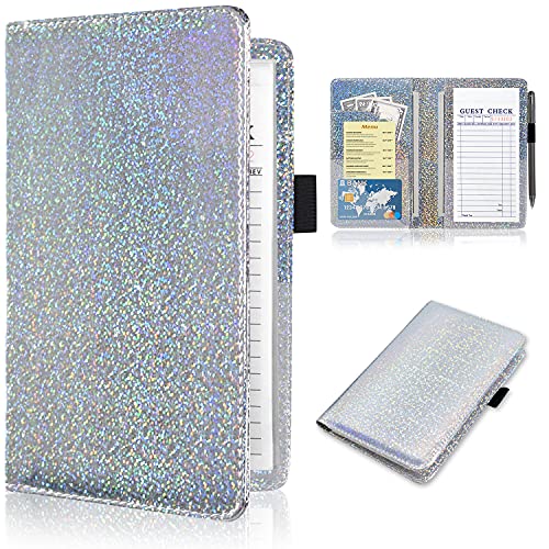 ACdream Server Books for Waitress, Guest Book Note Pad, Cute Pocket Leather Money Organizer Wallet, Cash Check Bill Receipt Holder Presenter, Waiter Accessories Fit Server Apron, Glitter Silver