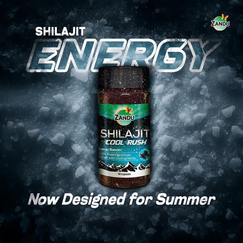 Image of Zandu Shilajit Cool Rush Caps 60N: The 1st Ever Himalayan Shilajit with heat balancing ingredients | All Season Energy | Boost Strength & Stamina | Rich in fulvic acid