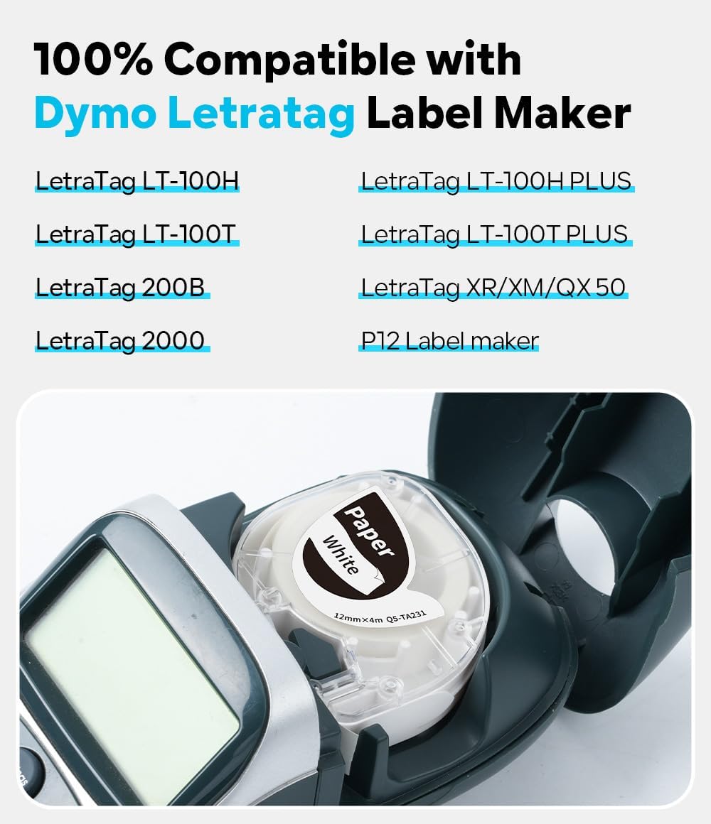 P12 Label Tape Compatible with Phomemo P12 & P12-Pro, Replace for Dymo LetraTag Refills 12mm x 4m (1/2" x 13'), White Paper Label Maker Tape Replace for 91330 for LT-100T LT-100H Plus 200B XR, 6-Pack image 3