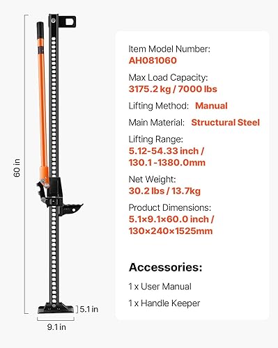Miniatura 7 de VEVOR Farm Jack de 60 pulgadas, capacidad de 7000 libras, para tractor, camión, SUV, elevador de parachoques, naranja