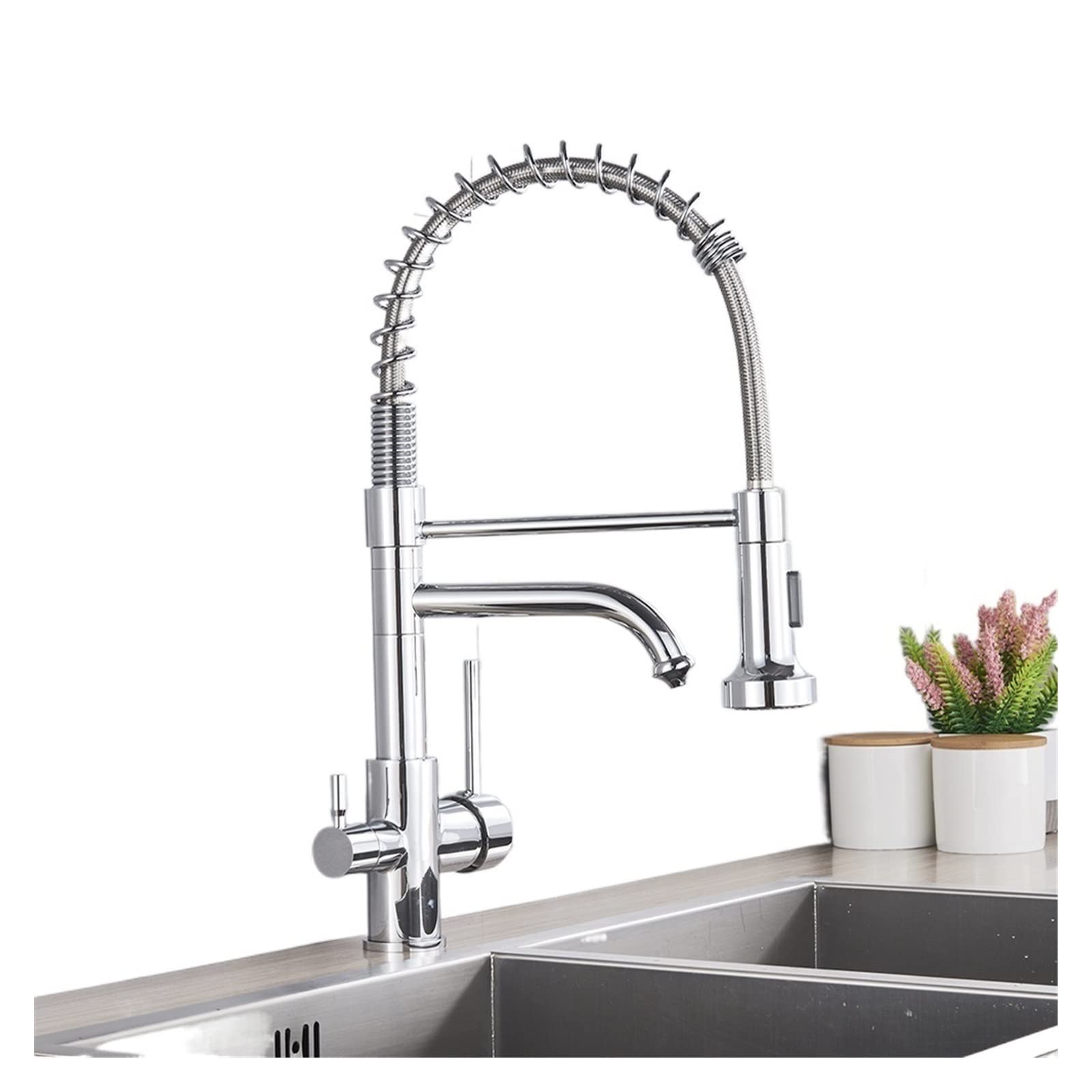 ZQFHSX Matte Black Kitchen Faucet with Water Filter Dual Handle Hot & Cold PullOut Mixer Tap for Purified Drinking (Chrome B)