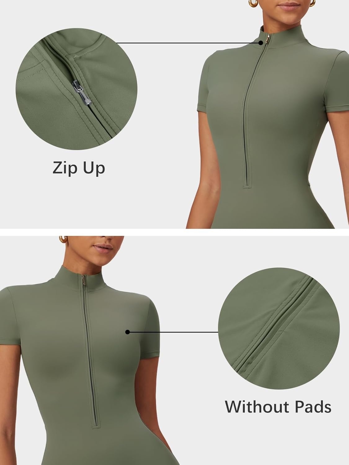 ECUPPER Women Short Sleeve Workout Jumpsuits One Piece Zip Up Gym Romper Tummy Control Athletic Yoga Unitard Bodysuit Shorts - Image 4