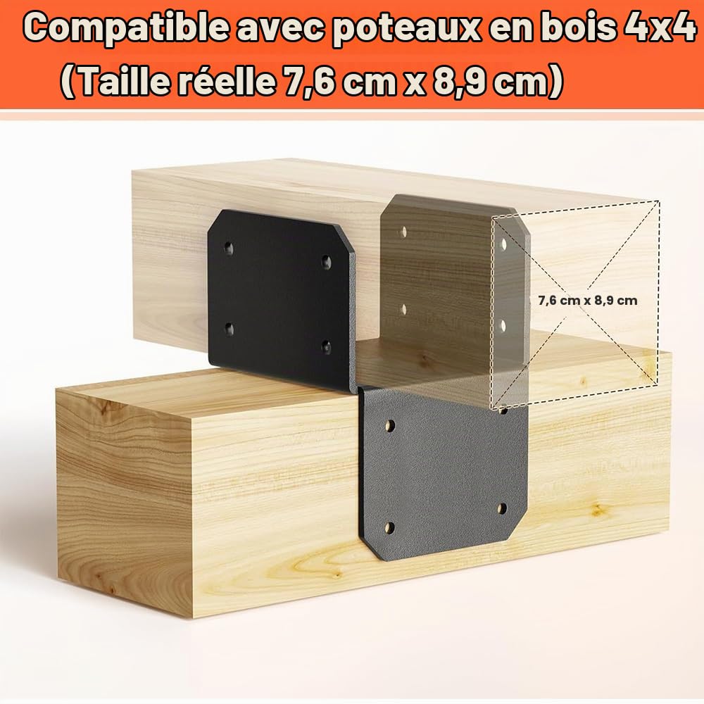 4 Connecteurs Poteau Bois 90° 4x4 Noir
