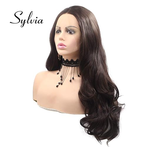 Miniatura 3 de Sylvia Peluca de encaje frontal 1B# de color negro natural suave de 24 pulgadas de largo, pelucas sintéticas de onda natural, raya media, media
