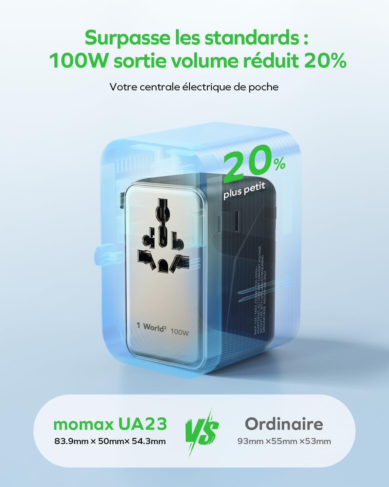 Chargeur Rapide Universel 100W GaN avec 2 Prises AC, 2 USB-C PD + 2 USB-A QC - Compatible avec Plus de 150 Pays dans Le Monde Entier (UE, États-Unis, Royaume-Uni, Japon, etc.) -Or