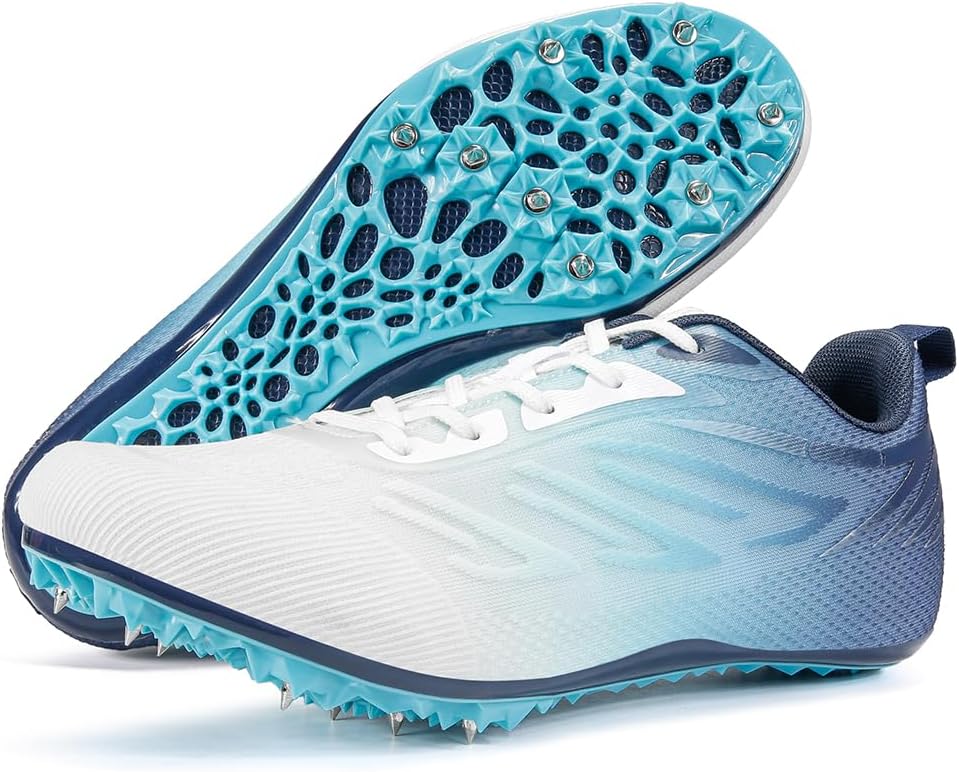 Track and Fields Sneakers Mens Womens Track Running Shoes Athletes Sprinter Racing Shoes Spikes Track Shoes for Students Boys Girls, Black Blue, 4 UK