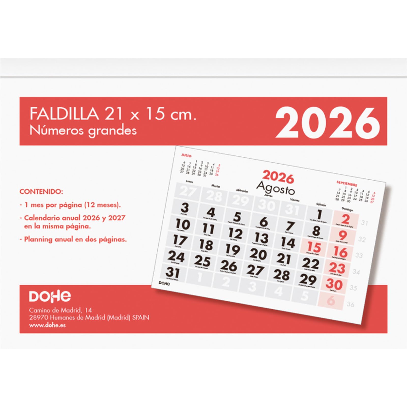 Dohe - 2026 Desk Calendar - A4 (30x21 cm), Month View, 12 Months January to December, Spanish Language, Microperforated Pages for Easy Removal, Large Numbers, Annual Planning