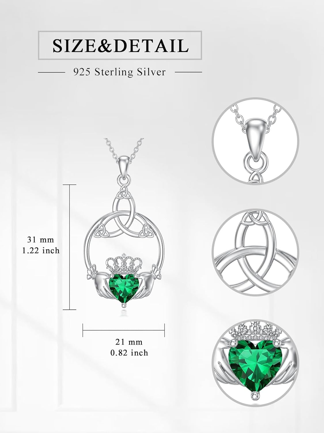 Seiyang Celtic Claddagh Necklace 925 Sterling Silver Celtic Heart Claddagh Pendant Necklace with Birthstones Irish Jewelry Gifts for Women - Image 6