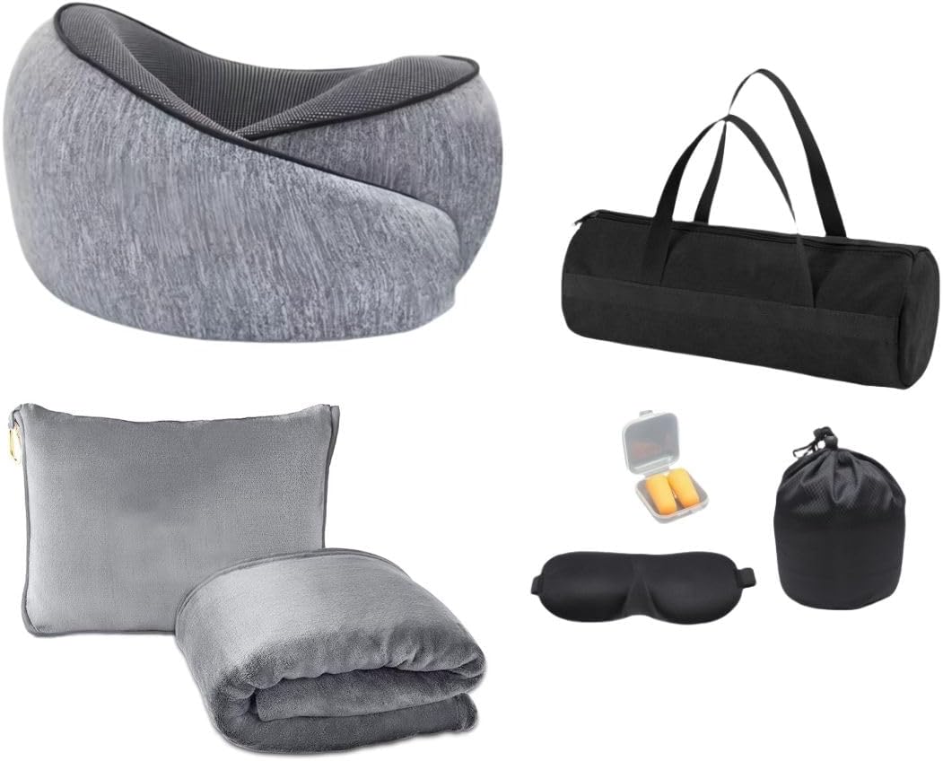 Travel Pillow – Ergonomic Memory Foam Neck Pillow for Travel, Compact & Adjustable Flight Pillow with Blanket, Eye Mask, Ear Plugs, Blanket, Storage & Carry Bag, Compact travel kit (Gray) Travel Pillow – Ergonomic Memory Foam Neck Pillow for Travel, Compact & Adjustable Flight Pillow with Blanket, Eye Mask, Ear Plugs, Blanket, Storage & Carry Bag, Compact travel kit (Gray)