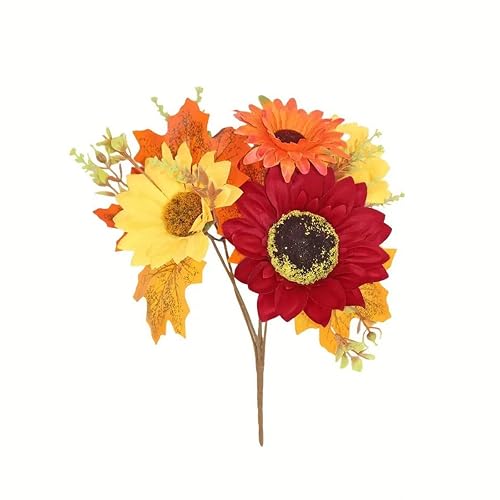 Fall Artificial Maple Leaves Sunflower Bouquet, Orange, Silk Floral Arrangement,