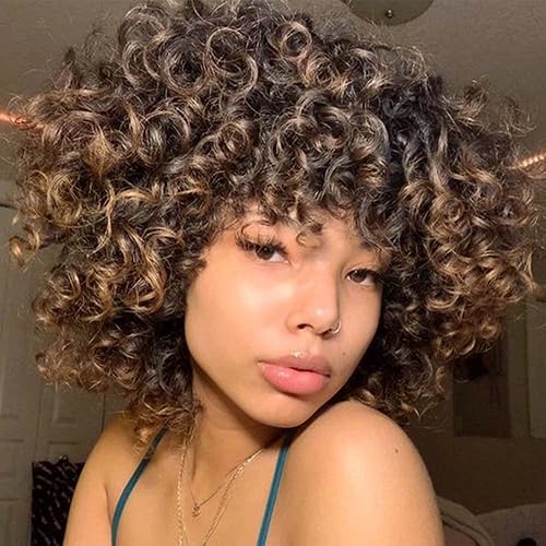 AIDUSA Short Loose Curly Wigs for Black Women Ombre Blonde Wig for Black Women Curly Wig Afro Wigs Synthetic Wig with Bangs Half Wigs for Women Soft Hair Blonde (#T30 Black to Light Brown) - #T30 Black to Light Brown