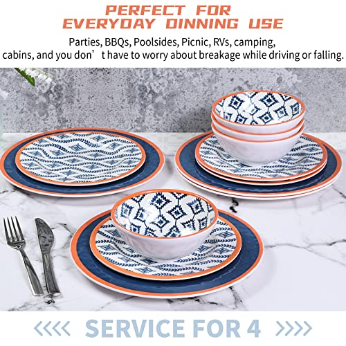 Melamine Dinnerware Sets, 12Pcs Dishes Set, Service For 4, Outdoor Plates, Dishwasher Safe, Dinnerware For Camping, Rv And Picnic #TOP2