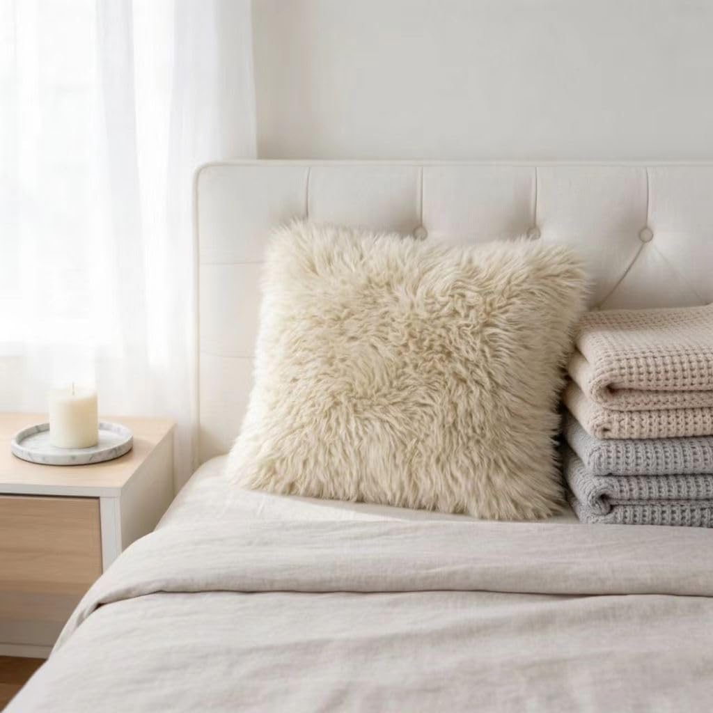 Luxury Soft Fur Sheepskin Fleece Cushion Cover Pillowcase Decorative Throw Pillows Covers, No Pillow Insert, 1pc (Pearly White, 18"×18")