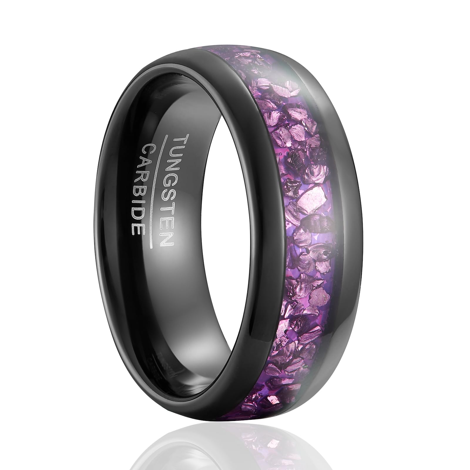 Fascia Nuziale Donna Aurora - Anello in Tungsteno Nero Larghezza 4mm o 8mm con Intarsio Viola Effetto Cristallo (Misura USA)