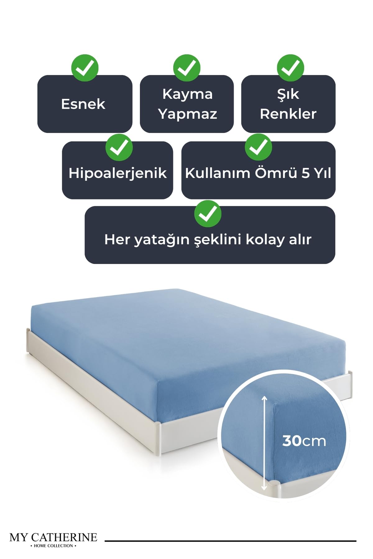 My Catherine Lastikli & Hipoalerjenik Çarşaf%100 Pamuk Penye Kumaş Mavi 160x200, LUXCARSAF