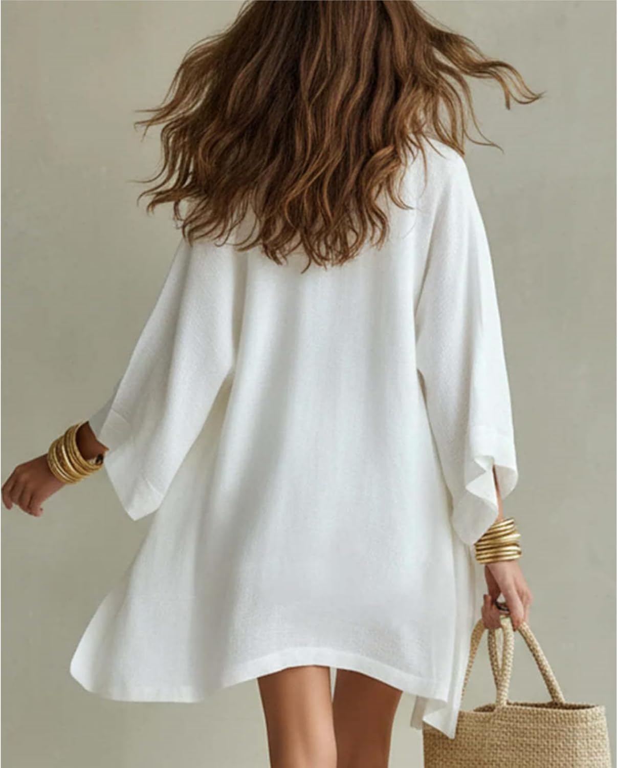 Women's White Loose Cardigan and Drawstring Shorts Three-Piece Set Casual Summer Vacation Linen Matching Sets