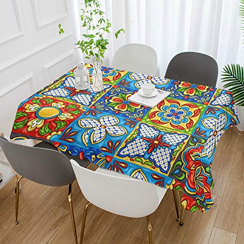 Qilmy Rectangle Tablecloth 60" X 108" Table Cloth Cover Tabletop Fabric For Indoor Dining Room Outdoor Party Picnic Camping Restaurant, Mexican Talavera Ethnic Folk #TOP4