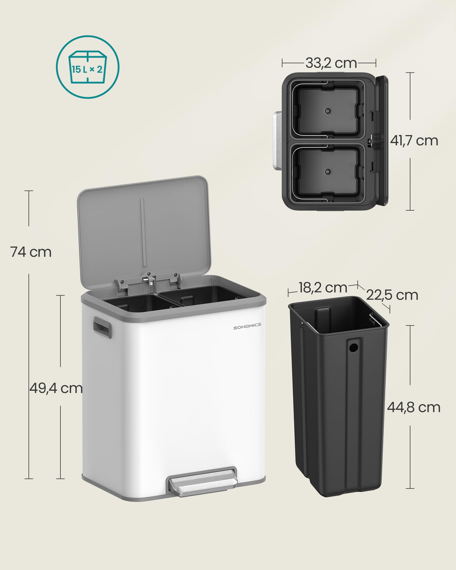 SONGMICS Poubelle de Cuisine, 2 x 15 L Poubelle Double pour le Recyclage et les Déchets Ménagers, Seaux Intérieurs, Acier, Fermeture Douce, Pédale, Blanc Nuage LTB544W02