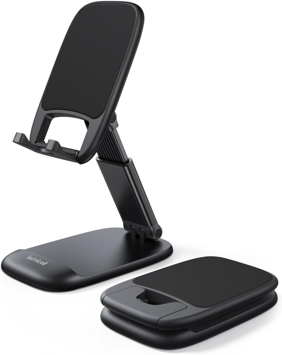 Lamicall Cell Phone Stand for Desk - [Height Adjustable] Foldable Mobile Phone Holder, Portable Stand for iPhone 17 16 15 14 13 12 11 Pro Max Plus Air, Galaxy S25 S24, Telephone, Office Accessories