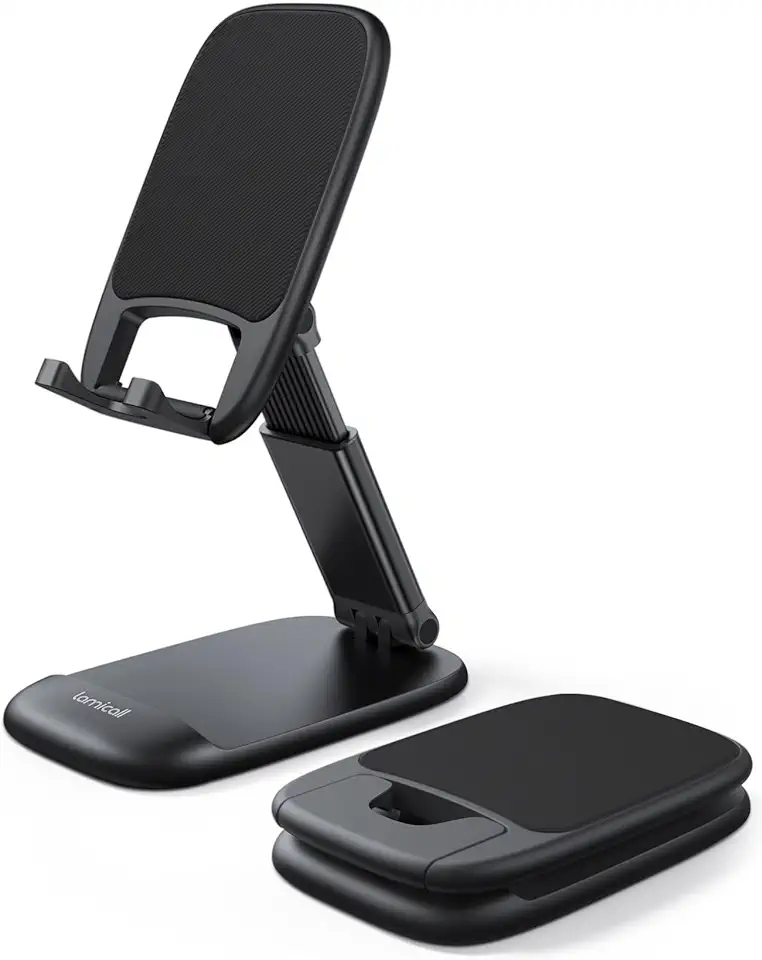 Lamicall Suporte de telefone dobrável para mesa – Suporte de celular ajustável em altura portátil, base de mesa compatível com iPhone 16 15 14 13 Pro Max Mini, 12 11 XR X 8 Plus SE, smartphone