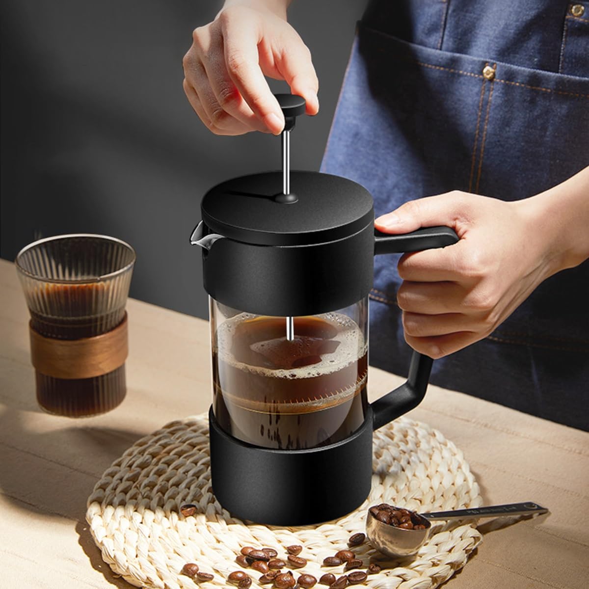 Ekspres Do Kawy Typu French Press, Ekspres Do Kawy Typu French Press Z 3-poziomowym Systemem Filtrów, Stal Nierdzewna, Odporne Na Zimno I Ciepło Szkło Borokrzemianowe(750ml)