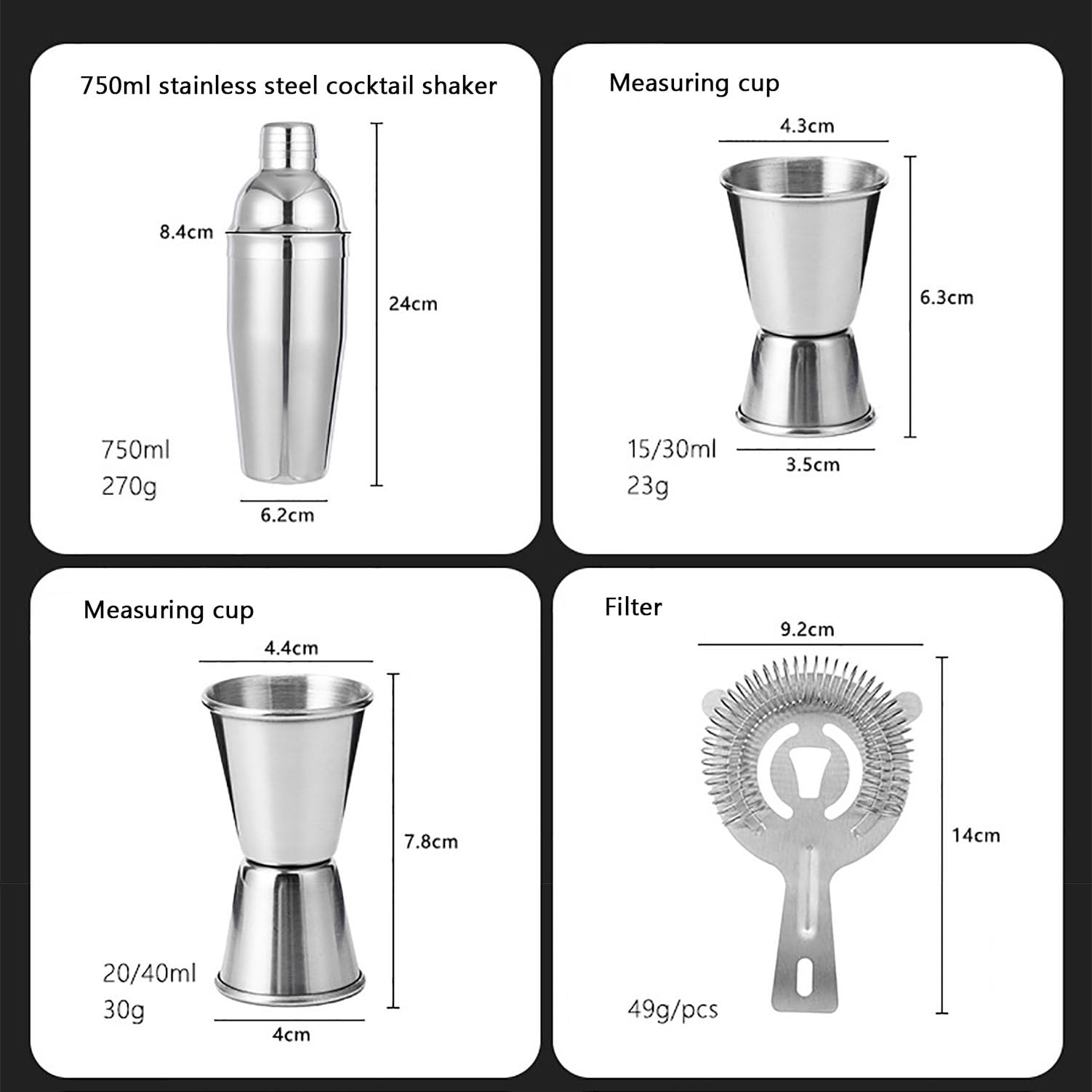 Juego De Mezclador De Bebidas para El Hogar, Juego De Coctelera De Acero Inoxidable De 24 Piezas, Herramienta De Copa De Cóctel con Base De Bambú Extraíble para Tiendas De Té con Leche