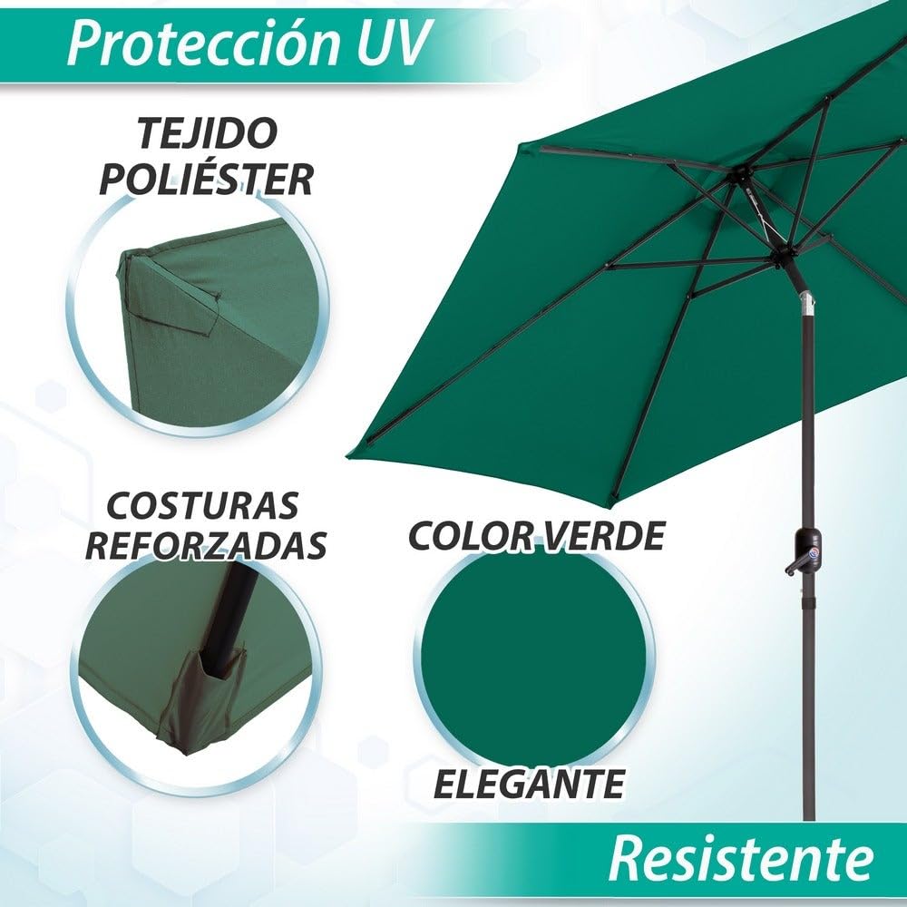 Parasol de jardín inclinable de 300cm con mástil de aluminio de 38mm | Sombrilla con antiviento y manivela. Mástil resistente con tratamiento anticorrosión. Para jardín o terraza. Altura 250cm