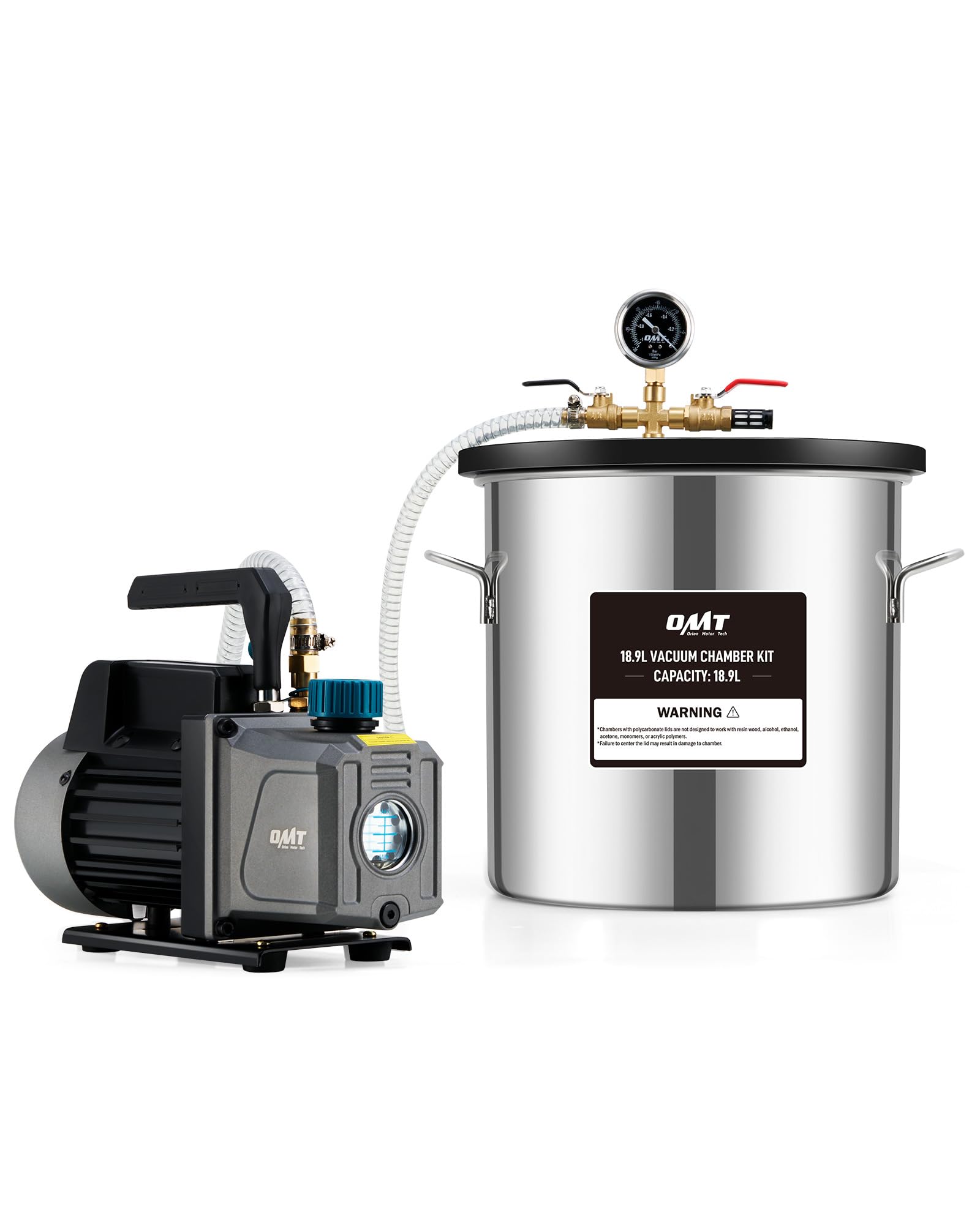 Orion Motor Tech Vakuumpumpe Vakuumkammer mit Pumpe Vakuumkammer Entgasung Harz 3.5CFM mit 19L Edelstahl Vacuum Chamber 100L/min mit Deckel aus gehärtetem Glas 1/4HP 5Pa HVAC-Vakuumgeräte