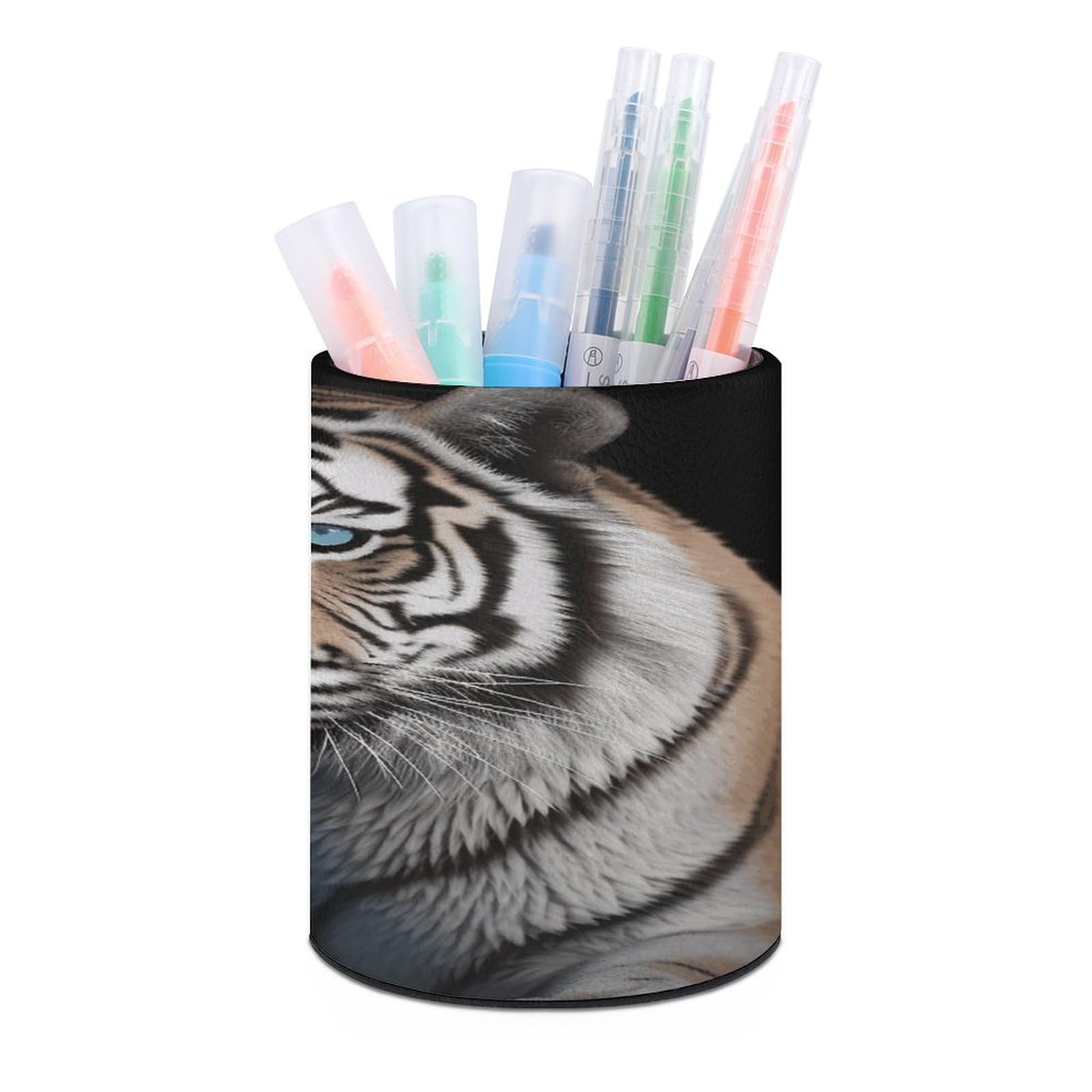 VstaDank Animal Tiger Pen Holder Round Pencil Holder Cup Pen Container PU Leather Desk Organizer Stand Decor Brush Scissor Holders Decoration Office Desk Home (3.1 X 3.9 Inches)