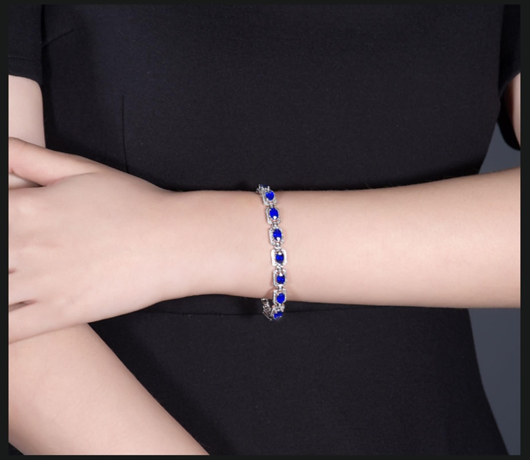 Pulseras de Mujer de Oro Blanco de 9Kilates / 14Kilates / 18Kilates, Rectángulo Oval con Zafiro Creado de 2,33 ct y Diamante, Cadena 16 CM, Pulseras de Cadena Plata Azul Verde Mujer