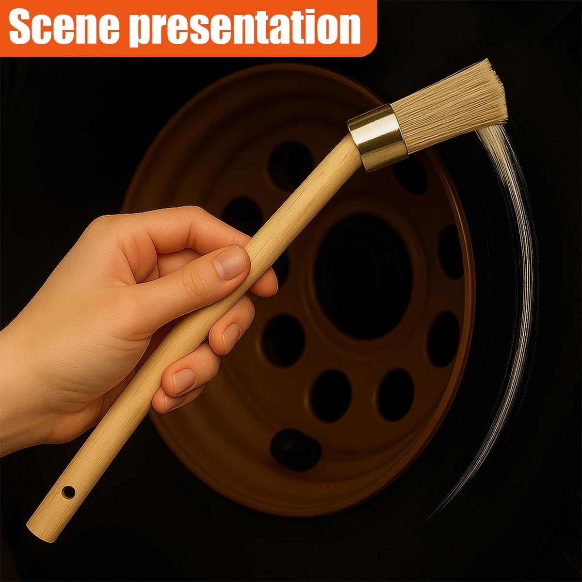 2PCS Car Curved Tire Mounting Paste Lube Brush, 45 Degree Angle Head Auto Wheel Applicator Brush with 11.8" Wooden Handle, Rim Deep Cleaning Tool for Easy Lubricant Application(Wood)
