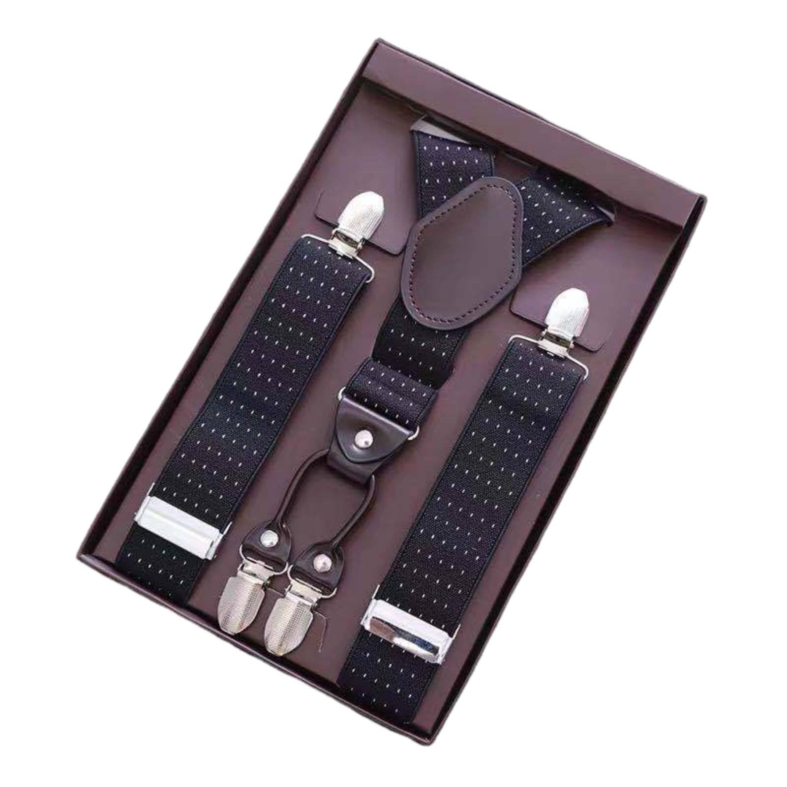 Gift Boxed 4-Clip Suspenders Heavy Duty Clips Elastic Pant Suspenders Classic Design Trouser Braces for Men, Formal Events, Weddings, Black Polka Dot | Suspenders Braces | Mens Accessories-image-36