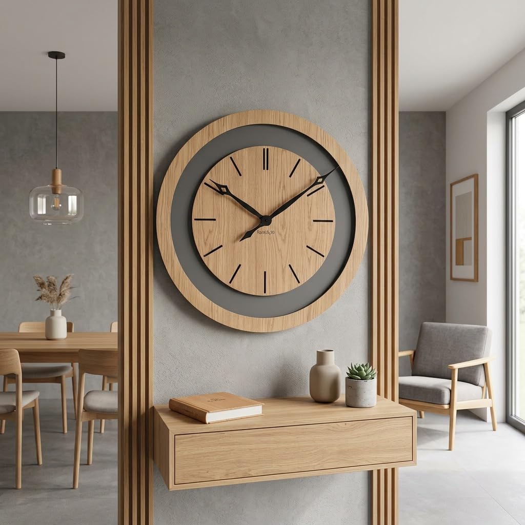 FLEXISTYLE Wanduhr groß XXL 75 cm aus Eiche – Große Designer-Wanduhr aus Naturholz & schwarzem MDF – Lautloses Uhrwerk ohne Ticken – Modernes Wohnaccessoire für Wohnzimmer, Loft & Büro