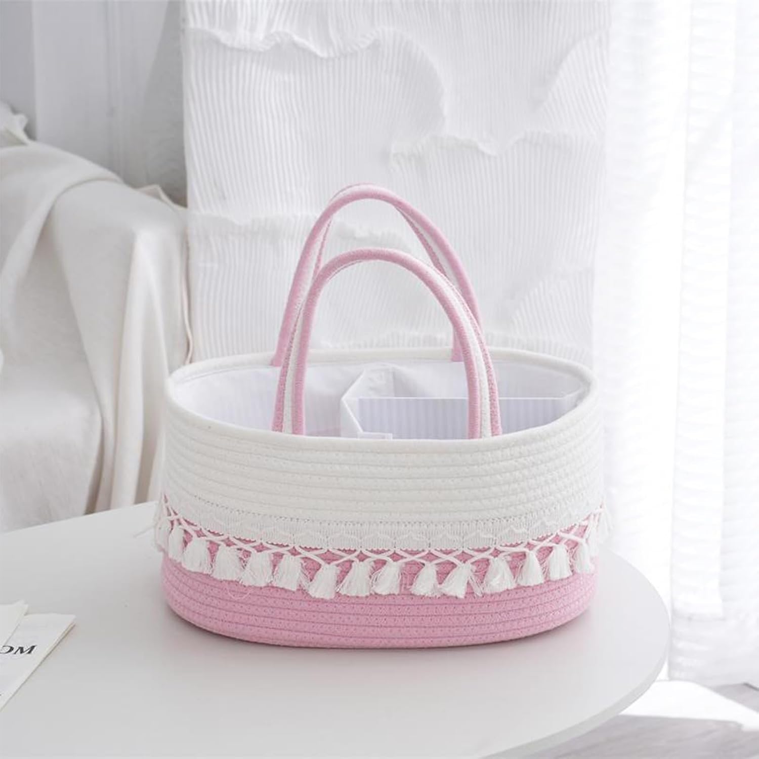 belupai Cotton Rope Woven Storage Basket, Baby Diaper Caddy Organizers Boho Portable Tote Bag with Detachable Compartments Macrame Storage Basket Tassel Travel Bag for Home