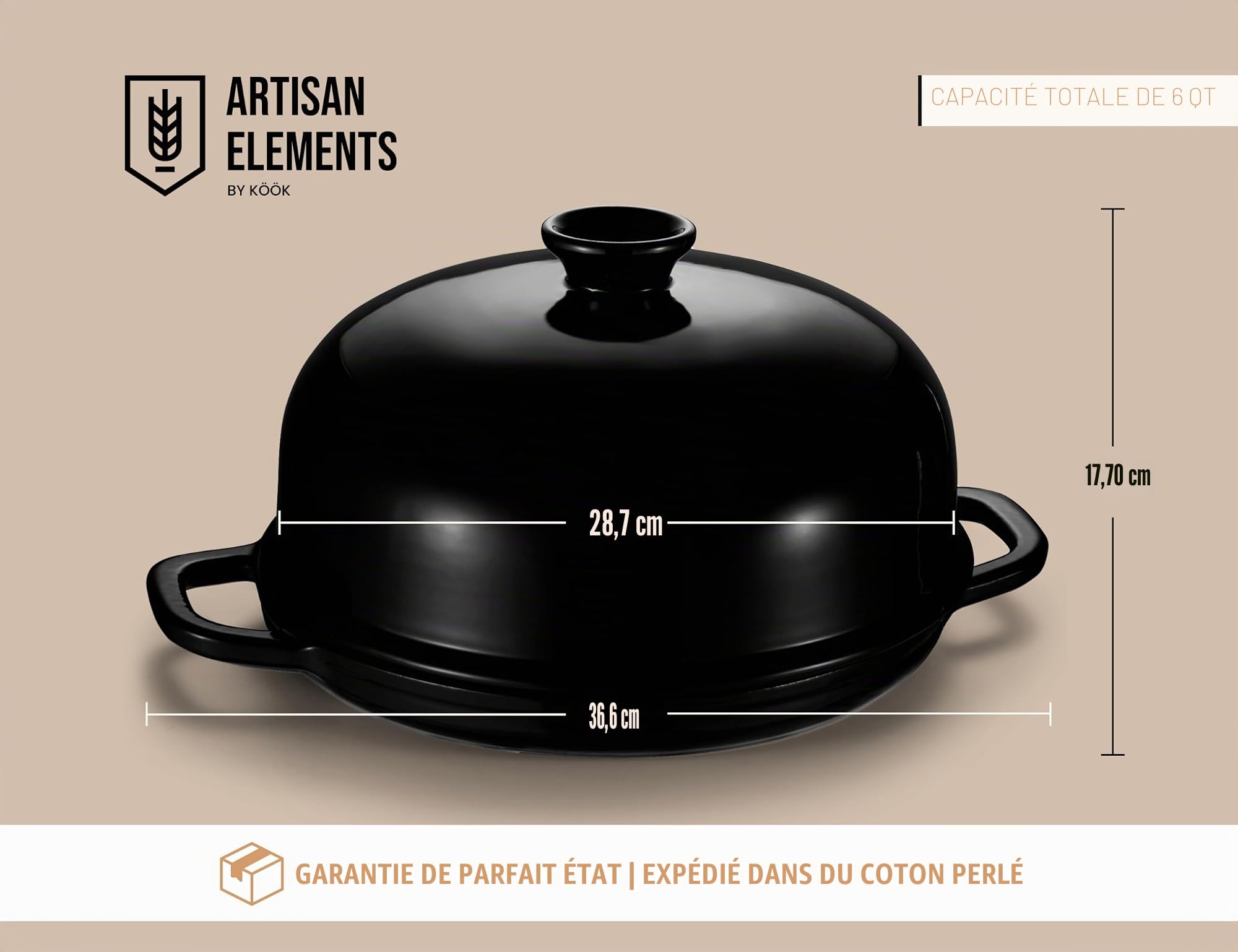 Kook Four à pain, poêle à levain avec couvercle et poignées, poêle en fonte émaillée et couvercle en céramique, pour la cuisson, la cuisson, le rôti, noir